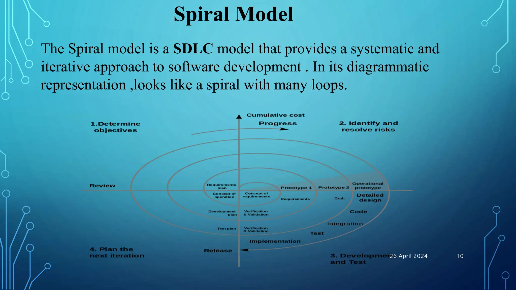 Spiral Model
The Spiral model is a SDLC model that provides a systematic and
iterative approach to software development . In its diagrammatic
representation ,looks like a spiral with many loops.
26 April 2024 10
 