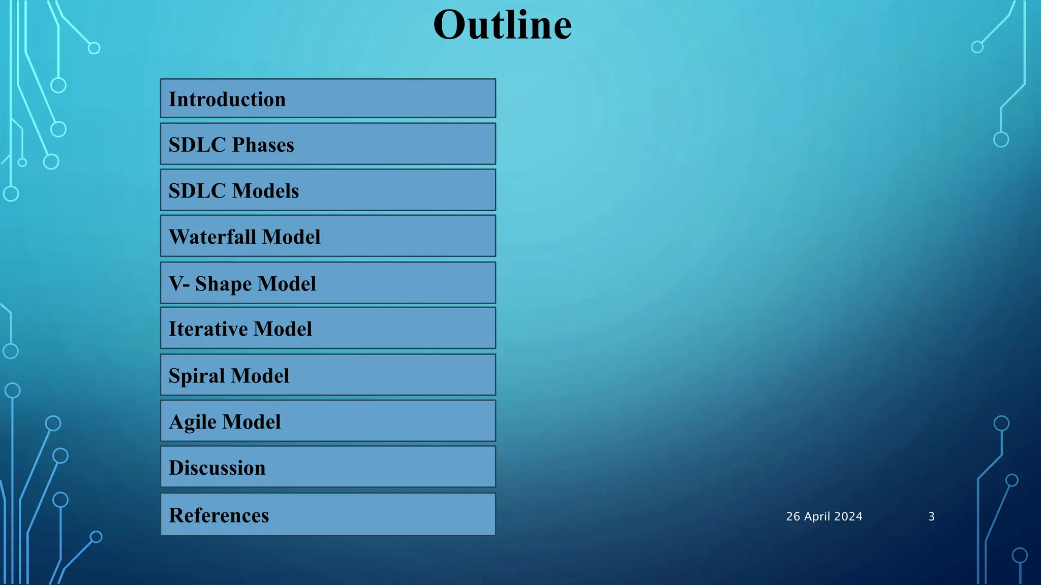 Outline
SDLC Phases
SDLC Models
Waterfall Model
V- Shape Model
Iterative Model
Spiral Model
Agile Model
Discussion
References
Introduction
26 April 2024 3
 