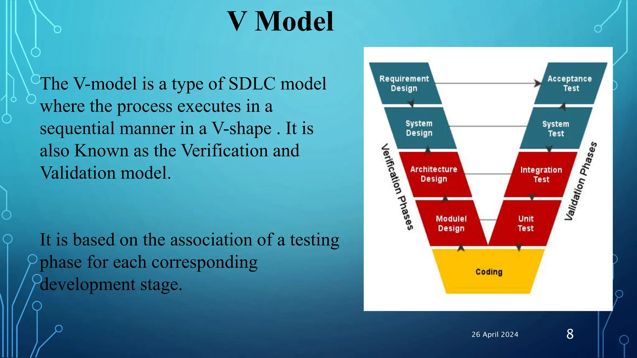 V Model
The V-model is a type of SDLC model
where the process executes in a
sequential manner in a V-shape . It is
also Known as the Verification and
Validation model.
It is based on the association of a testing
phase for each corresponding
development stage.
26 April 2024 8
 