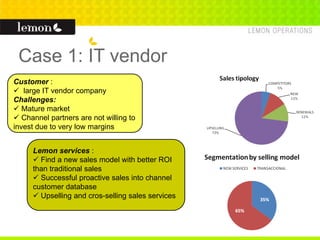 Case 1: IT vendor
Customer :
 large IT vendor company
Challenges:
 Mature market
 Channel partners are not willing to
invest due to very low margins
Lemon services :
 Find a new sales model with better ROI
than traditional sales
 Successful proactive sales into channel
customer database
 Upselling and cros-selling sales services
 