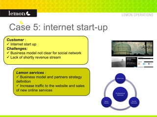 Case 5: internet start-up
Professional
Network
eServices
Social
Network
News
Media
Lemon services :
 Business model and partners strategy
definition
 Increase traffic to the website and sales
of new online services
Customer :
 Internet start up
Challenges:
 Business model not clear for social network
 Lack of shortly revenue stream
 
