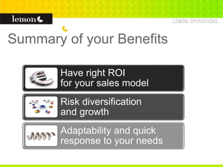 Summary of your Benefits
Have right ROI
for your sales model
Risk diversification
and growth
Adaptability and quick
response to your needs
 