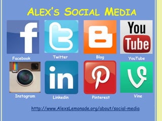 ALEX’S SOCIAL MEDIA
Facebook Twitter
PinterestLinkedinInstagram
YouTubeBlog
Vine
http://www.AlexsLemonade.org/about/social-media
 
