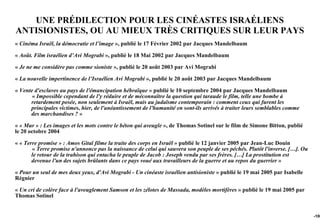 UNE PRÉDILECTION POUR LES CINÉASTES ISRAÉLIENS
ANTISIONISTES, OU AU MIEUX TRÈS CRITIQUES SUR LEUR PAYS
« Cinéma Israël, la démocratie et l’image », publié le 17 Février 2002 par Jacques Mandelbaum

« Août. Film israélien d’Avi Mograbi », publié le 18 Mai 2002 par Jacques Mandelbaum

« Je ne me considère pas comme sioniste », publié le 20 août 2003 par Avi Mograbi

« La nouvelle impertinence de l’Israélien Avi Mograbi », publié le 20 août 2003 par Jacques Mandelbaum

« Vente d'esclaves au pays de l'émancipation hébraïque » publié le 10 septembre 2004 par Jacques Mandelbaum
       « Impossible cependant de l'y réduire et de méconnaître la question qui taraude le film, telle une bombe à
      retardement posée, non seulement à Israël, mais au judaïsme contemporain : comment ceux qui furent les
      principales victimes, hier, de l'anéantissement de l'humanité en sont-ils arrivés à traiter leurs semblables comme
      des marchandises ? »

« « Mur » : Les images et les mots contre le béton qui aveugle », de Thomas Sotinel sur le film de Simone Bitton, publié
le 20 octobre 2004

« « Terre promise » : Amos Gitaï filme la traite des corps en Israël » publié le 12 janvier 2005 par Jean-Luc Douin
       « Terre promise n'annonce pas la naissance de celui qui sauvera son peuple de ses péchés. Plutôt l'inverse. […]. Ou
       le retour de la trahison qui entacha le peuple de Jacob : Joseph vendu par ses frères. […] La prostitution est
       devenue l'un des sujets brûlants dans ce pays voué aux travailleurs de la guerre et au repos du guerrier »

« Pour un seul de mes deux yeux, d'Avi Mograbi - Un cinéaste israélien antisioniste » publié le 19 mai 2005 par Isabelle
Régnier

« Un cri de colère face à l'aveuglement Samson et les zélotes de Massada, modèles mortifères » publié le 19 mai 2005 par
Thomas Sotinel


                                                                                                                             -100
 