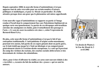 Depuis septembre 2000, la nouvelle forme d’antisémitisme n’est pas
apparue tout de suite recevable pour un certain nombre d’acteurs
politiques et médiatiques, et pour Le Monde en particulier. Il a fallu
attendre presque deux ans pour que le phénomène soit mieux appréhendé.


Cette nouvelle vague d’antisémitisme se rapporte en partie à l’image
rendue d’Israël dont le comportement face aux Palestiniens légitimerait en
quelque sorte son épanchement. La portée de ces dérapages anti-israéliens
entraîne des amalgames en chaîne, puis éventuellement des passages à
l’acte. « Ce sont des mots incendiaires des âmes », selon l’expression de
Bernard-Henri Lévy.


De plus, cette nouvelle forme d’antisémitisme n’est pas le fait d’une
conception traditionnelle. L’anti-judaïsme d’origine arabo-musulmane,
pourtant très ancien, fait partie de ces sujets gênants dont on parle guère,
                                                                                  Un dessin de Plantu à
car il était établi que jusqu’ici c’était un idéologie et un comportement
                                                                                  la Une du Monde le 3
généralement classés à l’extrême-droite européenne. Le voici qu’il provient
                                                                                       avril 2002
du camp des victimes du racisme, des couches sociales défavorisées et des
descendants de victimes du colonialisme.


Alors, pour éviter d’affronter la réalité, ces actes sont souvent réduits à des
« incivilités », excusées du fait du malheur des « jeunes » qui en sont les
auteurs.
                                                                                                          -105
 