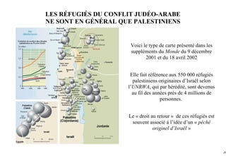 LES RÉFUGIÉS DU CONFLIT JUDÉO-ARABE
NE SONT EN GÉNÉRAL QUE PALESTINIENS


                      Voici le type de carte présenté dans les
                      suppléments du Monde du 9 décembre
                             2001 et du 18 avril 2002


                      Elle fait référence aux 550 000 réfugiés
                       palestiniens originaires d’Israël selon
                     l’UNRWA, qui par hérédité, sont devenus
                       au fil des années près de 4 millions de
                                      personnes.


                     Le « droit au retour » de ces réfugiés est
                      souvent associé à l’idée d’un « péché
                                 originel d’Israël »



                                                                  -11
 