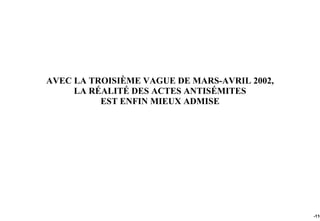 AVEC LA TROISIÈME VAGUE DE MARS-AVRIL 2002,
     LA RÉALITÉ DES ACTES ANTISÉMITES
          EST ENFIN MIEUX ADMISE




                                              -110
 