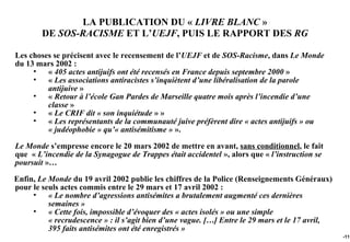 LA PUBLICATION DU « LIVRE BLANC »
        DE SOS-RACISME ET L’UEJF, PUIS LE RAPPORT DES RG

Les choses se précisent avec le recensement de l’UEJF et de SOS-Racisme, dans Le Monde
du 13 mars 2002 :
     •   « 405 actes antijuifs ont été recensés en France depuis septembre 2000 »
     •   « Les associations antiracistes s’inquiètent d’une libéralisation de la parole
         antijuive »
     •   « Retour à l’école Gan Pardes de Marseille quatre mois après l’incendie d’une
         classe »
     •   « Le CRIF dit « son inquiétude » »
     •   « Les représentants de la communauté juive préfèrent dire « actes antijuifs » ou
         « judéophobie » qu’« antisémitisme » ».

Le Monde s’empresse encore le 20 mars 2002 de mettre en avant, sans conditionnel, le fait
que « L’incendie de la Synagogue de Trappes était accidentel », alors que « l’instruction se
poursuit »…

Enfin, Le Monde du 19 avril 2002 publie les chiffres de la Police (Renseignements Généraux)
pour le seuls actes commis entre le 29 mars et 17 avril 2002 :
     •    « Le nombre d’agressions antisémites a brutalement augmenté ces dernières
          semaines »
     •    « Cette fois, impossible d’évoquer des « actes isolés » ou une simple
          « recrudescence » : il s’agit bien d’une vague. […] Entre le 29 mars et le 17 avril,
          395 faits antisémites ont été enregistrés »
                                                                                                 -111
 