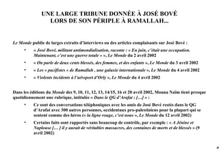 UNE LARGE TRIBUNE DONNÉE À JOSÉ BOVÉ
                 LORS DE SON PÉRIPLE À RAMALLAH...


Le Monde publie de larges extraits d’interviews ou des articles complaisants sur José Bové :
      •   « José Bové, militant antimondialisation, raconte : « En juin, c’était une occupation.
          Maintenant, c’est une guerre totale » », Le Monde du 2 avril 2002
      •   « On parle de deux cents blessés, des femmes, et des enfants », Le Monde du 3 avril 2002
      •   « Les « pacifistes » de Ramallah , une galaxie internationale », Le Monde du 4 avril 2002
      •   « Violents incidents à l’aéroport d’Orly », Le Monde du 4 avril 2002


Dans les éditions du Monde des 9, 10, 11, 12, 13, 14/15, 16 et 20 avril 2002, Mouna Naïm tient presque
quotidiennement une rubrique, intitulée « Dans le QG d’Arafat : […] » :
      •   Ce sont des conversations téléphoniques avec les amis de José Bové restés dans le QG
          d’Arafat avec 300 autres personnes, occidentaux pro-palestiniens pour la plupart qui se
          sentent comme des héros (« la ligne rouge, c’est nous », Le Monde du 12 avril 2002)
      •   Certains faits sont rapportés sans beaucoup de contrôle, par exemple : « A Jénine et
          Naplouse [… ] il y aurait de véritables massacres, des centaines de morts et de blessés » (9
          avril 2002)


                                                                                                         -81
 