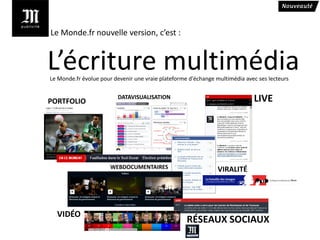 Le Monde.fr nouvelle version, c’est :


L’écriture multimédia
Le Monde.fr évolue pour devenir une vraie plateforme d'échange multimédia avec ses lecteurs


PORTFOLIO
                         DATAVISUALISATION                                   LIVE




                       WEBDOCUMENTAIRES                        VIRALITÉ




  VIDÉO
                                                    RÉSEAUX SOCIAUX
 