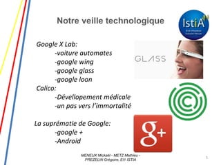 Notre veille technologique
Google X Lab:
-voiture automates
-google wing
-google glass
-google loon
Calico:
-Dévellopement médicale
-un pas vers l’immortalité
La suprématie de Google:
-google +
-Android
5
MENEUX Mickaël - METZ Mathieu -
PREZELIN Grégoire, EI1 ISTIA
 
