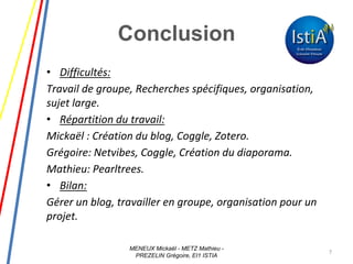 Conclusion
• Difficultés:
Travail de groupe, Recherches spécifiques, organisation,
sujet large.
• Répartition du travail:
Mickaël : Création du blog, Coggle, Zotero.
Grégoire: Netvibes, Coggle, Création du diaporama.
Mathieu: Pearltrees.
• Bilan:
Gérer un blog, travailler en groupe, organisation pour un
projet.
7
MENEUX Mickaël - METZ Mathieu -
PREZELIN Grégoire, EI1 ISTIA
 