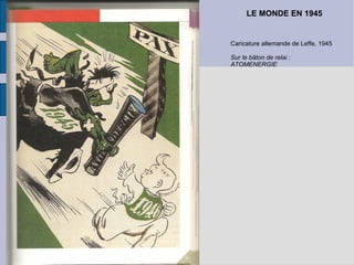 LE MONDE EN 1945 Caricature allemande de Leffe, 1945 Sur le bâton de relai : ATOMENERGIE 