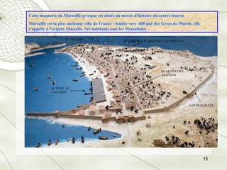 LE PORT, LE LACYDON LE THEATRE LES TEMPLES D’ARTEMIS ET D’APOLLON LES MURAILLES QUARTIER DES ARTISANS Cette maquette de Marseille grecque est située au musée d'histoire du centre bourse Marseille est la plus ancienne ville de France : fondée vers -600 par des Grecs de Phocée, elle s'appelle à l'origine Massalia. Ses habitants sont les Massaliotes 