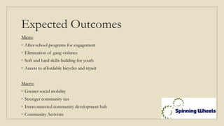 Expected Outcomes
Micro:
◦ After-school programs for engagement
◦ Elimination of gang violence
◦ Soft and hard skills-building for youth
◦ Access to affordable bicycles and repair
Macro:
◦ Greater social mobility
◦ Stronger community ties
◦ Interconnected community development hub
◦ Community Activism
 