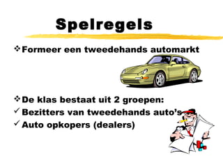 Spelregels
Formeer een tweedehands automarkt
De klas bestaat uit 2 groepen:
Bezitters van tweedehands auto’s
Auto opkopers (dealers)
 