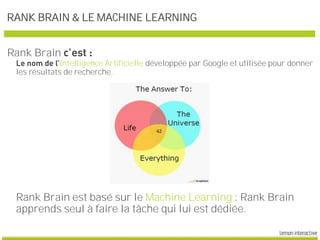 RANK BRAIN & LE MACHINE LEARNING
Intelligence Artificielle développée par Google et utilisée pour donner
les résultats de ...