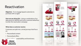 Reactivation
Objective –To re-engage lapsed customers to
purchase with us again
How are we doing this - Using a combination of 30
data points to identify and score customers behaviour
to enter the reactivation campaign.
What does a customer receive:
Customers are split into 2 email journeys that focus
on:
• Personalised content
• Personalised offers
• Story telling - sustainability and brand story
 