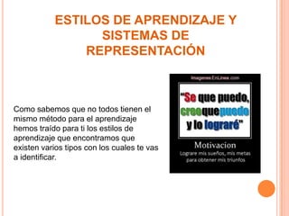 ESTILOS DE APRENDIZAJE Y
SISTEMAS DE
REPRESENTACIÓN

Como sabemos que no todos tienen el
mismo método para el aprendizaje
hemos traído para ti los estilos de
aprendizaje que encontramos que
existen varios tipos con los cuales te vas
a identificar.

 