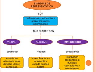 SISTEMAS DE
REPRESENTACION
SON
preferencias o tendencias a
utilizar más unas
determinadas
SUS CLASES SON

VISUAL

AUDITIVO

KINESTÉSICO

establecen

Reciben

procesamos

establecen
relaciones entre
distintas ideas y
conceptos.

las explicaciones
oralmente y
cuando pueden
hablar

información
asociándola a
nuestras
sensaciones y
movimientos

 