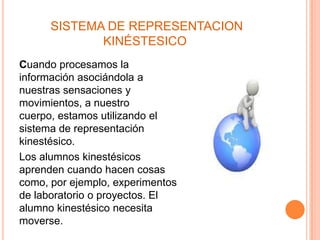 SISTEMA DE REPRESENTACION
KINÉSTESICO
Cuando procesamos la
información asociándola a
nuestras sensaciones y
movimientos, a nuestro
cuerpo, estamos utilizando el
sistema de representación
kinestésico.
Los alumnos kinestésicos
aprenden cuando hacen cosas
como, por ejemplo, experimentos
de laboratorio o proyectos. El
alumno kinestésico necesita
moverse.

 