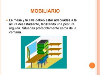 MOBILIARIO


La mesa y la silla deben estar adecuadas a la
altura del estudiante, facilitando una postura
erguida. Situadas preferiblemente cerca de la
ventana.

 