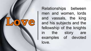 Relationships between
men and women, lords
and vassals, the king
and his subjects and the
fellowship of the knights
in the story are
examples of devoted
love.
 