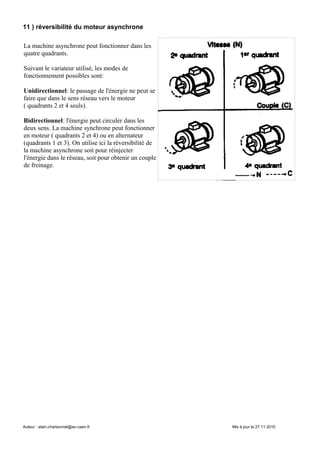 11 ) réversibilité du moteur asynchrone
La machine asynchrone peut fonctionner dans les
quatre quadrants.
Suivant le variateur utilisé, les modes de
fonctionnement possibles sont:
Unidirectionnel: le passage de l'énergie ne peut se
faire que dans le sens réseau vers le moteur
( quadrants 2 et 4 seuls).
Bidirectionnel: l'énergie peut circuler dans les
deux sens. La machine synchrone peut fonctionner
en moteur ( quadrants 2 et 4) ou en alternateur
(quadrants 1 et 3). On utilise ici la réversibilité de
la machine asynchrone soit pour réinjecter
l'énergie dans le réseau, soit pour obtenir un couple
de freinage.
Auteur : alain.charbonnel@ac-caen.fr Mis à jour le 27 11 2010
 