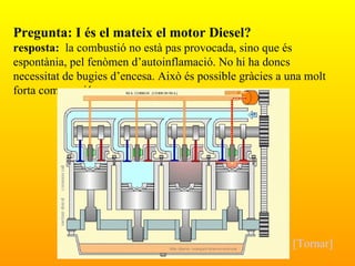 Pregunta: I és el mateix el motor Diesel? resposta:  la combustió no està pas provocada, sino que és espontània, pel fenòmen d’autoinflamació. No hi ha doncs necessitat de bugies d’encesa. Això és possible gràcies a una molt forta compressió. [Tornar]                                                                                                                                                                                                                                                                                                                                                                                                                                             