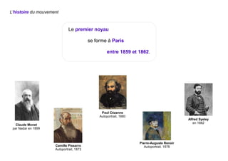 Le premier noyau
se forme à Paris
entre 1859 et 1862.
L'histoire du mouvement
Camille Pissarro
Autoportrait, 1873
Claude Monet
par Nadar en 1899
Paul Cézanne
Autoportrait, 1880
Pierre-Auguste Renoir
Autoportrait, 1876
Alfred Sysley
en 1882
 