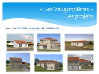 « Les Vaugondières »
Les projets
Voici un échantillon des projets du lotissement :

 