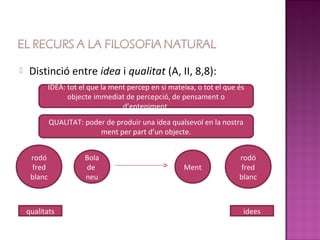    Distinció entre idea i qualitat (A, II, 8,8):
             IDEA: tot el que la ment percep en si mateixa, o tot el que és
                   objecte immediat de percepció, de pensament o
                                    d’enteniment.
             QUALITAT: poder de produir una idea qualsevol en la nostra
                           ment per part d’un objecte.


     rodó               Bola                                             rodó
     fred               de                             Ment              fred
     blanc              neu                                              blanc



    qualitats                                                             idees
 
