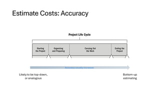 Estimate Costs: Accuracy
Accuracy usually increases
Likely to be top-down,
or analogous
Bottom-up
estimating
 