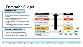 Determine Budget
•The approved version of the time-phased
project budget, excluding any management
reserves
•Can be changed only through formal
change control procedures
•Is used as a basis for comparison to actual
results.
•The number to which the project manager
manages the project
COST BASELINE
•The sum of all budgets established to
provide financial support for the work to be
performed - value of total planned work.
BUDGET AT COMPLETION (BAC)
Once budget is determined it mightb e compared with parametric estimates, experts’opinions or industy bechmarks
 