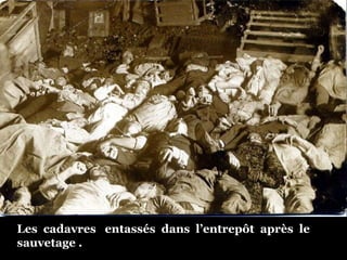 Les  cadavres  entassés  dans  l’entrepôt  après  le  sauvetage .  