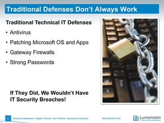 Traditional Defenses Don’t Always Work
Traditional Technical IT Defenses
• Antivirus
• Patching Microsoft OS and Apps
• Gateway Firewalls
• Strong Passwords




    If They Did, We Wouldn’t Have
    IT Security Breaches!


3
 