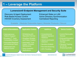 1 – Leverage the Platform
           Lumension® Endpoint Management and Security Suite
    Discovery & Agent Deployment                   Enhanced Wake on LAN
    Role Based Access Control                      Active Directory Synchronization
    HW/SW Inventory Assessment                     Centralized Reporting

           Scalable | Modular Extensible Agent | Modular Products | Secure


Patch & Remediation        Application Control            AntiVirus           Device Control


• Heterogeneous           • Whitelisting with       • Comprehensive         • Control Removable
  Platform Support          Reputation Service        Malware Signature       Devices
            rd
• Broadest 3 Party        • Simplified Whitelist      Database              • Enforced Encryption
  Vulnerability Content     and Policy Creation     • Variant and Exploit     for Removable
• Automated Baselines     • Automated “Trust          Detection               Storage
  and Advanced Patch        Engine” Whitelist       • Sandbox Analysis      • Filename Tracking
• Deployment and            Maintenance             • Run-time Scanning       & Full File
  Reboot Control          • Deny Unwanted                                     Shadowing Audits
                                                    • CPU Throttling
                            Applications


7
 