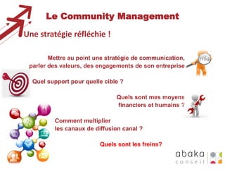 Le Community Management
Une stratégie réfléchie !
Mettre au point une stratégie de communication,
parler des valeurs, des engagements de son entreprise
Quel support pour quelle cible ?
Quels sont mes moyens
financiers et humains ?
Comment multiplier
les canaux de diffusion canal ?
Quels sont les freins?

 