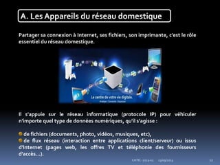 23/09/2013CATIC -2013-02 12
A. Les Appareils du réseau domestique
Partager sa connexion à Internet, ses fichiers, son imprimante, c'est le rôle
essentiel du réseau domestique.
Il s'appuie sur le réseau informatique (protocole IP) pour véhiculer
n'importe quel type de données numériques, qu'il s'agisse :
de fichiers (documents, photo, vidéos, musiques, etc),
de flux réseau (interaction entre applications client/serveur) ou issus
d'Internet (pages web, les offres TV et téléphonie des fournisseurs
d'accès...).
 