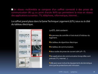 23/09/2013CATIC -2013-02 26
Un réseau multimédia se compose d'un coffret connecté à des prises de
communication (RJ 45 ou point d'accès Wifi) qui permettent la mise en réseau
des applications suivantes :TV, téléphone, informatique, Internet…
Le coffret prend place dans la GaineTechnique Logement (GTL) sous ou à côté
du tableau électrique.
La GTL doit contenir:
le panneau de contrôle si il est situé { l’intérieur du
logement.
le tableau de répartition électrique
le tableau de communication.
deux socles de prises de courant 16A (2P +T).
les applications de communication lorsqu’elles sont
prévues (TV, internet…).
elle peut aussi inclure les équipements de domotique
ainsi que les protections anti-intrusion.
 