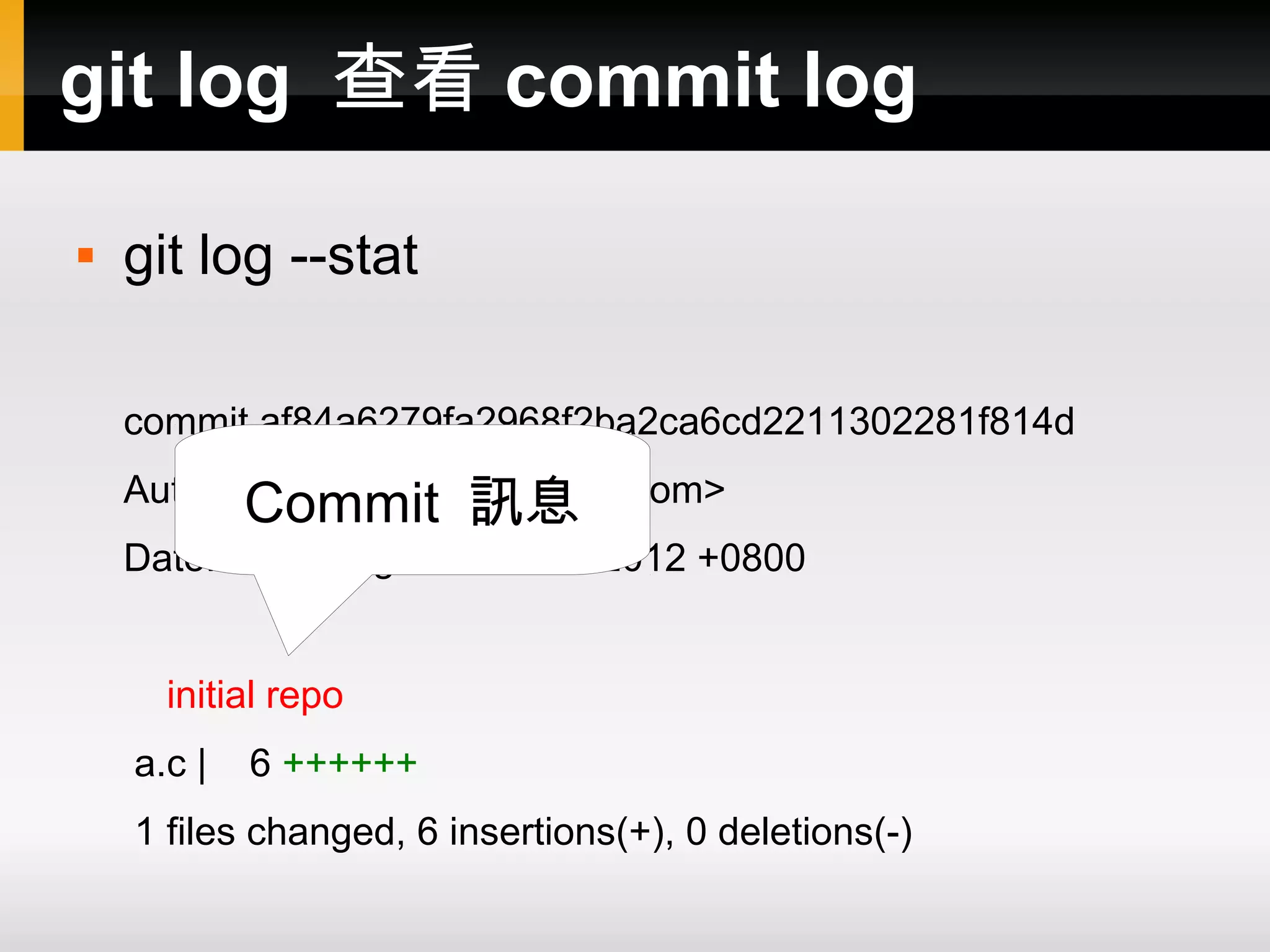 git log 查看 commit log  git log --stat commit af84a6279fa2968f2ba2ca6cd2211302281f814d Author:Commit 訊息 Len <a78965@gmail.com> Date: Thu Aug 2 14:44:53 2012 +0800 initial repo a.c | 6 ++++++ 1 files changed, 6 insertions(+), 0 deletions(-) 