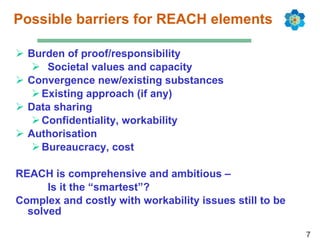 Possible barriers for REACH elements Burden of proof/responsibility Societal values and capacity Convergence new/existing substances Existing approach (if any) Data sharing Confidentiality, workability Authorisation Bureaucracy, cost REACH is comprehensive and ambitious – Is it the “smartest”? Complex and costly with workability issues still to be solved 