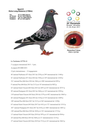 Le Narbonne 137791-11
3′ as pigeon international 2015 – 3 prix
As pigeon IFC4000 2015
15 prix internationaux – 15 engagements
46′ national Narbonne (871 Km) 2013 de 2350 p et 299′ international de 11448 p
41′ national Narbonne (871 Km) 2014 de 2760 p et 129′ international de 12528 p
351′ national Pau (866 Km) 2014 de 1964 p et 1496′ international de 8295 p
9′ national Pau (866 Km) 2015 de 2115 p et 10′ international de 9052 p
63′ national Saint-Vincent (843 Km) 2015 de 2697 p et 83′ international de 10737 p
99′ national Perpignan (931 Km) 2015 de 3846 p et 122′ international de 15954 p
118’national Saint-Vincent (843 Km) 2016 de 3379 p et 492′ international de 10643 p
66′ national Perpignan (931 Km) 2016 de 3334 p et 518′ international de 12689 p
109′ national Pau (866 Km) 2017 de 2115 p et 544′ international de 11285p
63′ national Saint-Vincent (843 Km) 2017 de 4163 p et 172‘ international de 11515 p
387’ national Perpignan (931 Km) 2017 de 4192 p et 1804‘ international de 14851 p
120′ national Pau (866 Km) 2018 de 3830 p et 154‘ international de 11714 p
13′ national Saint-Vincent (843 Km) 2018 de 3076 p et 18‘ international de 9544 p
24′ national Pau (866 Km) 2019 de 3668 p et 33‘ international de 12119 p
27′ national Saint-Vincent (843 Km) 2019 de 3714 p et 34‘ international de 10623 p
 