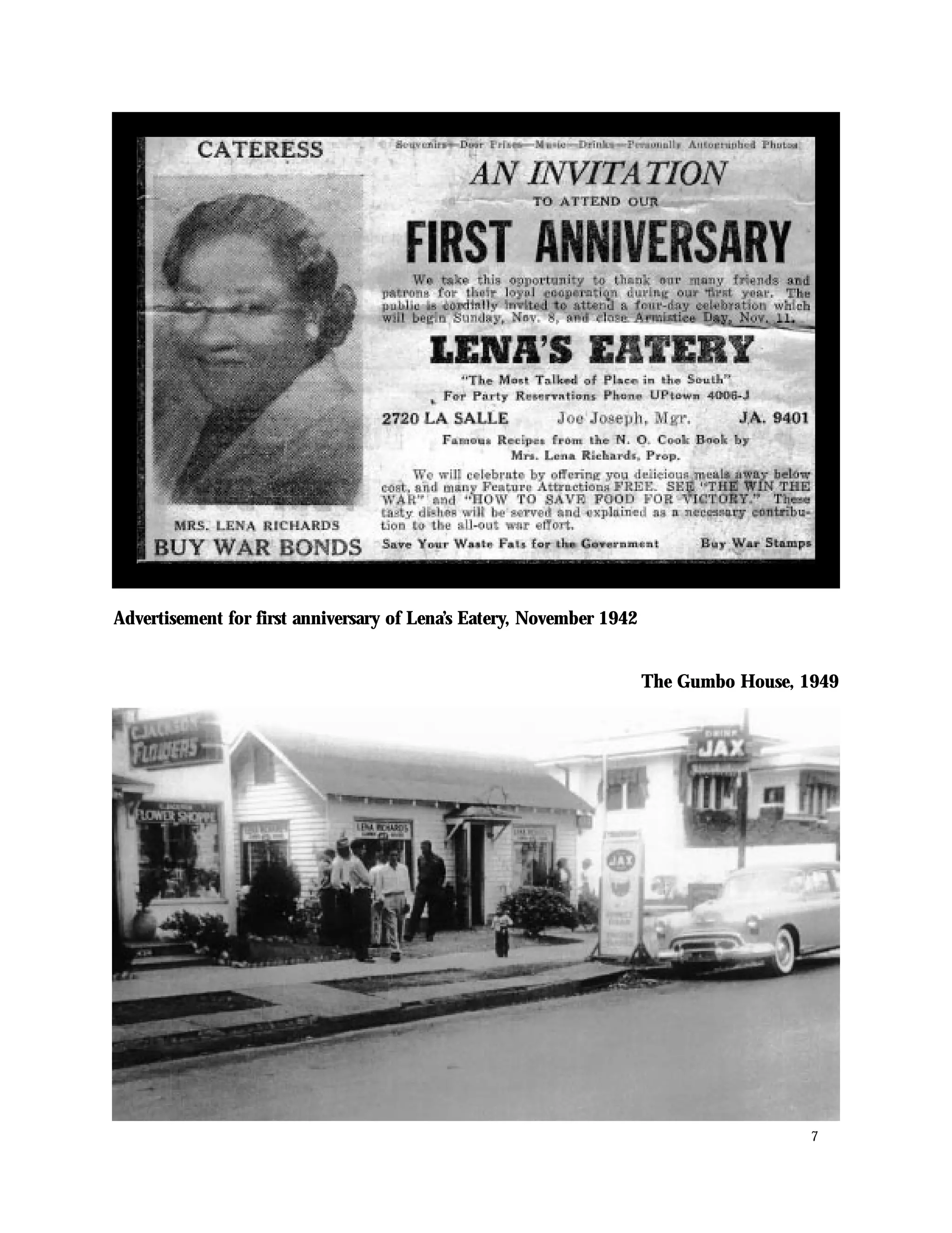 Advertisement for first anniversary of Lena’s Eatery, November 1942


                                                                      The Gumbo House, 1949




                                                                                        7
 