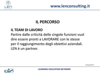 www.lenconsulting.it


                 IL PERCORSO
IL TEAM DI LAVORO
Partire dalle criticità delle singole funzioni vuol
dire essere pronti a LAVORARE con le stesse
per il raggiungimento degli obiettivi aziendali.
LEN è un partner.


                                                      www.gruppolen.it



                  LEARNING EDUCATION NETWORK
 