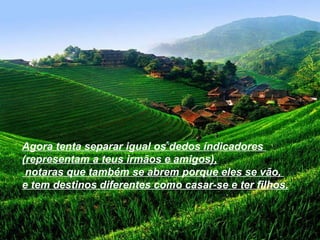 Agora tenta separar igual os dedos índicadores  (representam a teus irmãos e amigos), notaras que também se abrem porque eles se vão,  e tem destinos diferentes como casar-se e ter filhos.   