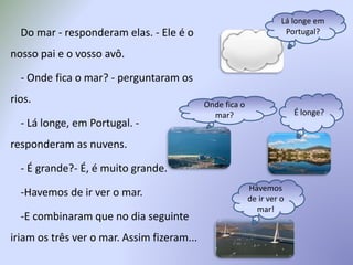 Do mar - responderam elas. - Ele é o
nosso pai e o vosso avô.
- Onde fica o mar? - perguntaram os
rios.
- Lá longe, em Portugal. -
responderam as nuvens.
- É grande?- É, é muito grande.
-Havemos de ir ver o mar.
-E combinaram que no dia seguinte
iriam os três ver o mar. Assim fizeram...
Onde fica o
mar?
Havemos
de ir ver o
mar!
É longe?
Lá longe em
Portugal?
 