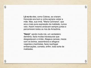 Lá no rio eles, como Cobras, se criaram.
Honorato era bom e vinha sempre visitar a
mãe. Mas, sua irmã, "Maria Caninana", que
era a mais pura expressão da maldade, nunca
veio. Assim mesmo andavam sempre juntos e
percorreram todos os rios da Amazônia.
"Maria", sendo muito má, um verdadeiro
demônio, fazia muitas travessuras que
desgostavam o irmão. Alagava canoas, mexia
com os bichos, assombrava e afogava
viajantes e banhistas, fazia naufragar
embarcações, cometia, enfim, toda sorte de
maldades.
 