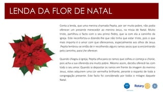LENDA DA FLOR DE NATAL 
Conta a lenda, que uma menina chamada Pepita, por ser muito pobre, não podia 
oferecer um presente merecedor ao menino Jesus, na missa de Natal. Muito 
triste, partilhou o facto com o seu primo Pedro, que ia com ela a caminho da 
igreja. Este reconfortou-a dizendo-lhe que não tinha que estar triste, pois o que 
mais importa é o amor com que oferecemos, especialmente aos olhos de Jesus 
.Pepita lembrou-se então de ir recolhendo alguns ramos secos que ia encontrando 
pelo caminho, para Lhe oferecer. 
Quando chegou à igreja, Pepita olha para os ramos que colheu e começa a chorar, 
pois acha a sua oferenda era muito pobre. Mesmo assim, decidiu oferecê-las com 
todo o seu amor. Quando ia depositar os ramos em frente da imagem do menino 
Jesus, estes adquirem uma cor vermelha brilhante, perante o espanto de toda a 
congregação presente. Este facto foi considerado por todos o milagre daquele 
Natal. 
 
