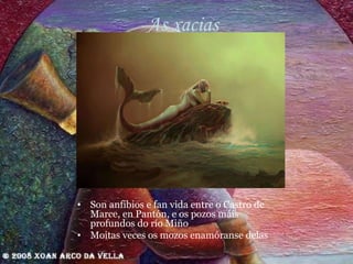 As xacias Son anfibios e fan vida entre o Castro de Marce, en Pantón, e os pozos máis profundos do río Miño Moitas veces os mozos enamóranse delas 